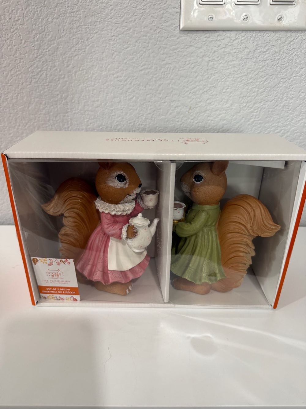 Tea Time Squirrel Figurine Pair for Small Pet Habitats - Pink & Green